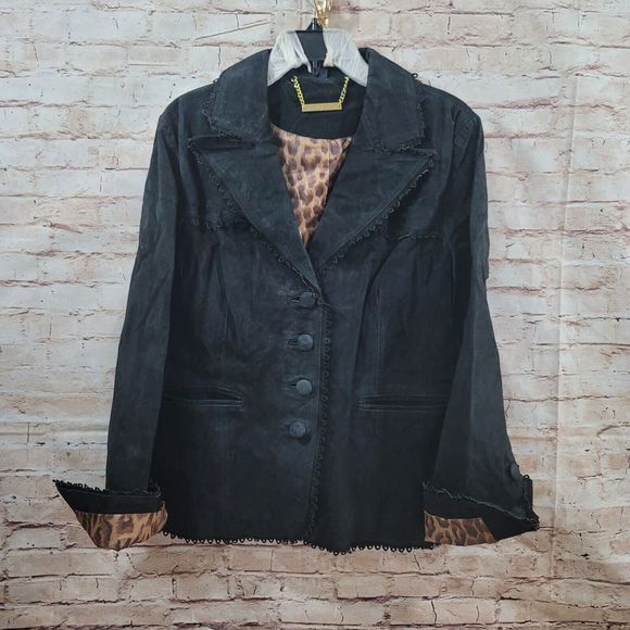 IMAN Jackets & Blazers - Vintage IMAN Womans Jacket XL‎ Black Genuine Suede Leather Animal Print Lining